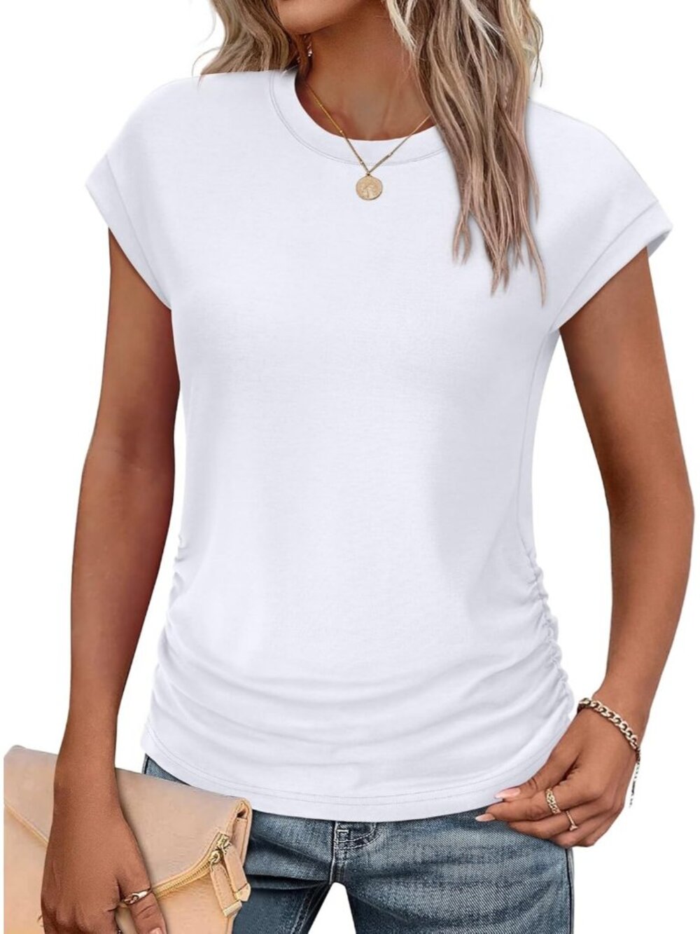 Women's White Polyester Blend Short Sleeve Crew Neck Pull On Henley Shirts